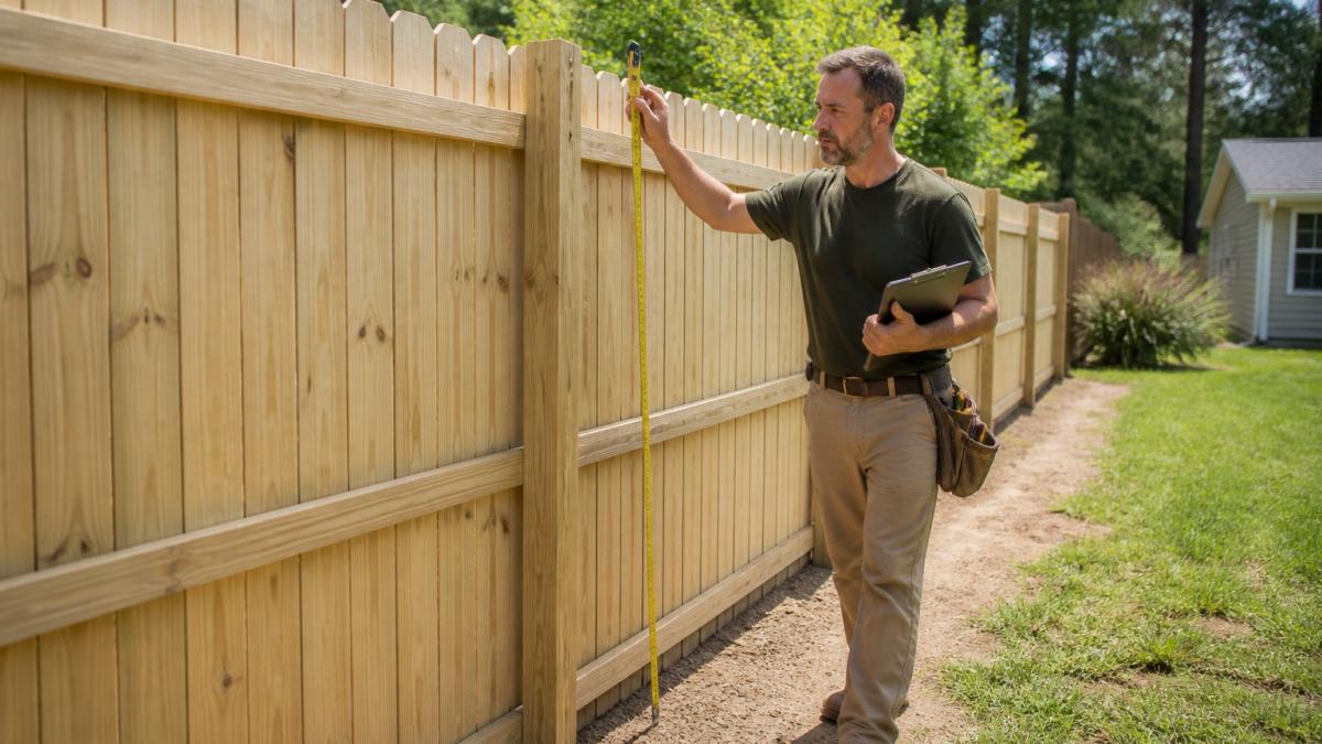 A homeowner in work clothes walking along a newly built wooden privacy fence, holding a tape measure and clipboard, checking post alignment in a sunny backyard