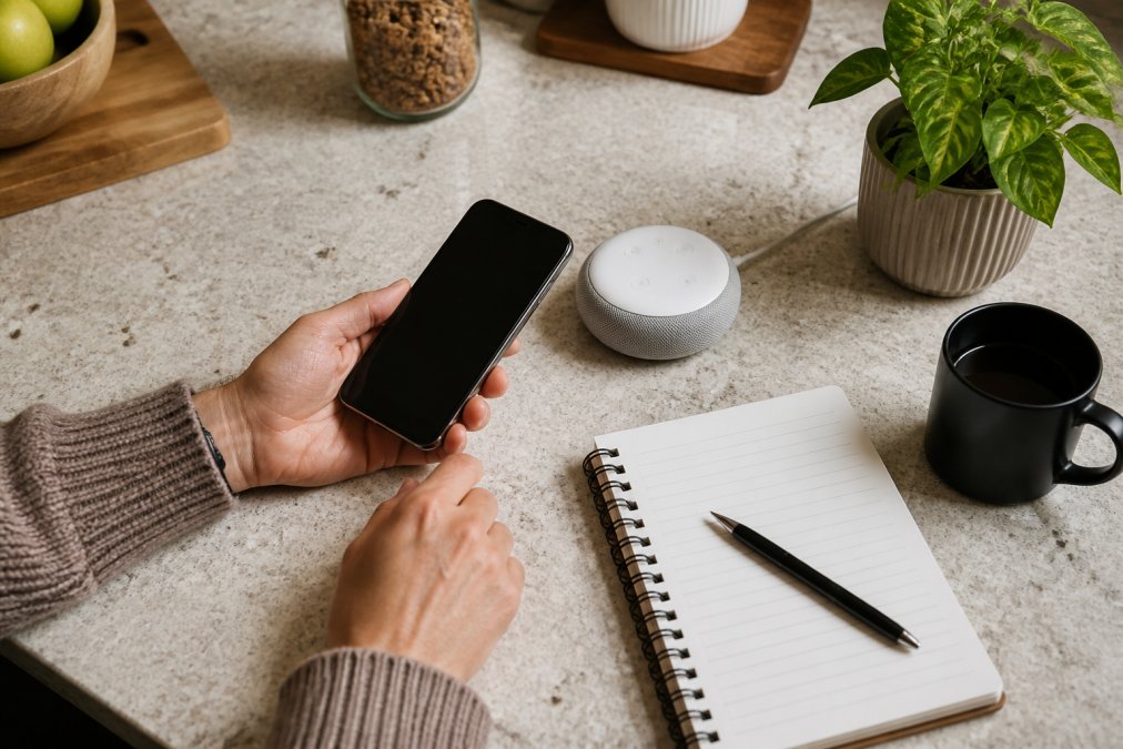 Overhead shot of a person's hands holding a smartphone next to a small smart home device on a kitchen counter, with a notebook and pen nearby for jotting down specs, warm natural light