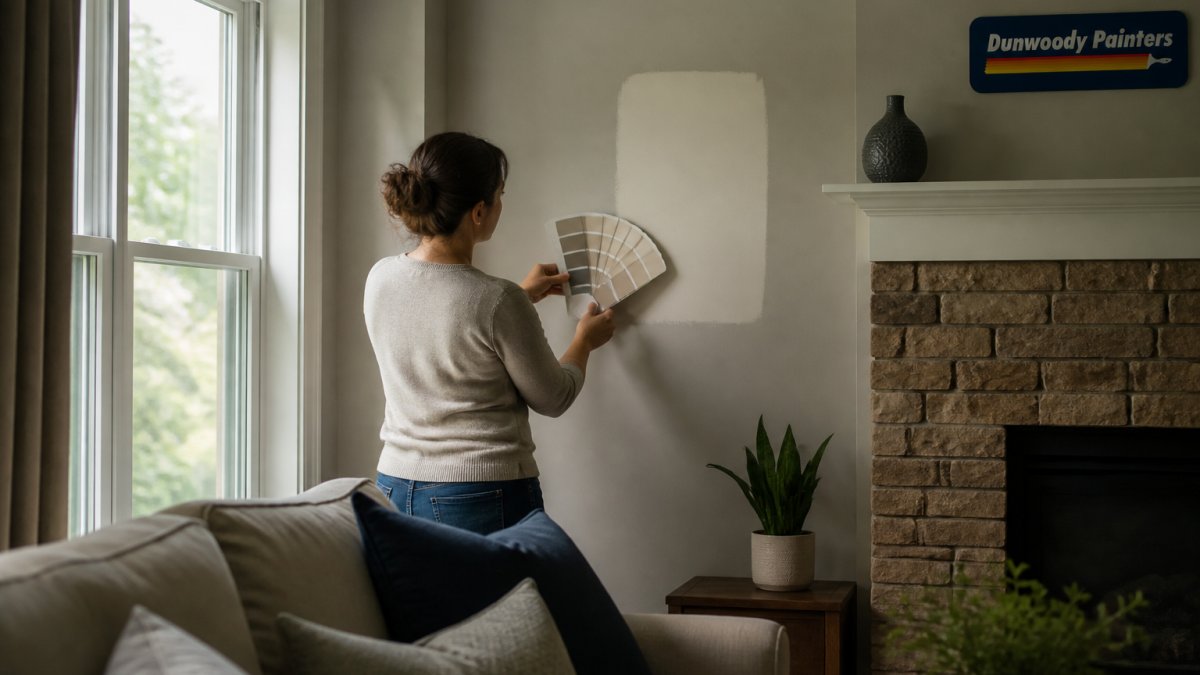 A homeowner holding a fan deck of paint swatches against a wall in a dim living room, with a warm white sample painted on the wall beside a north-facing window casting soft daylight