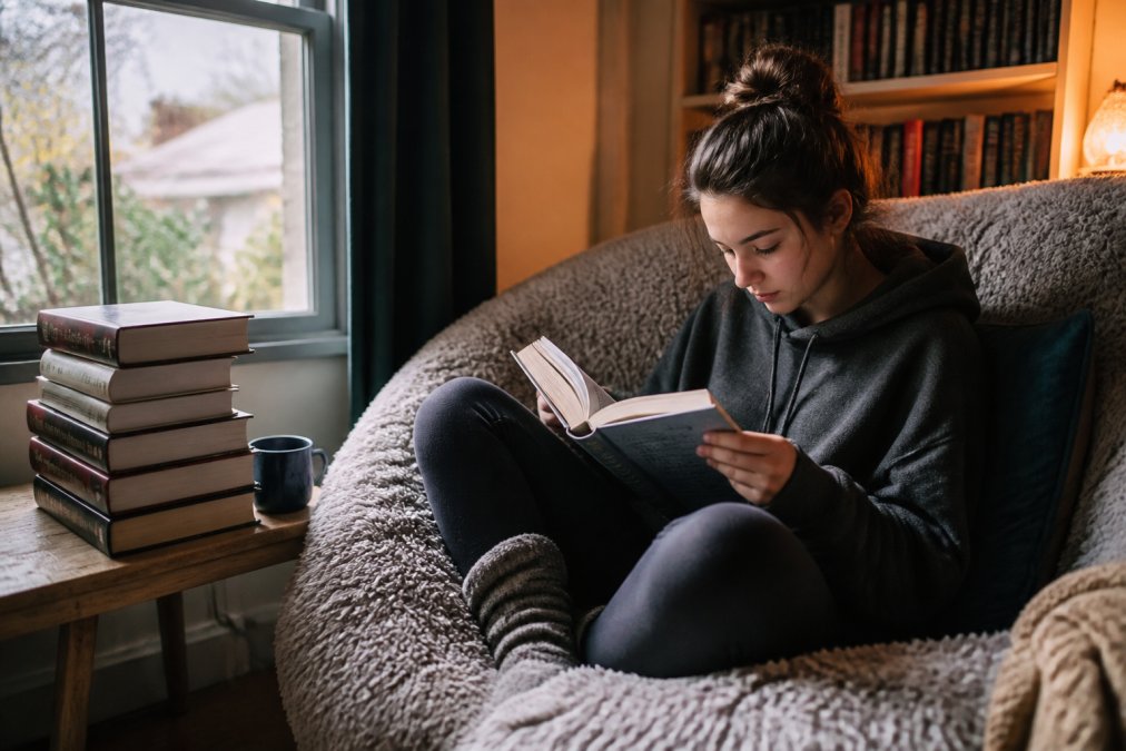 Teenager sitting in a comfortable reading nook with stacked thriller novels, absorbed in a book with a focused expression, natural window lighting
