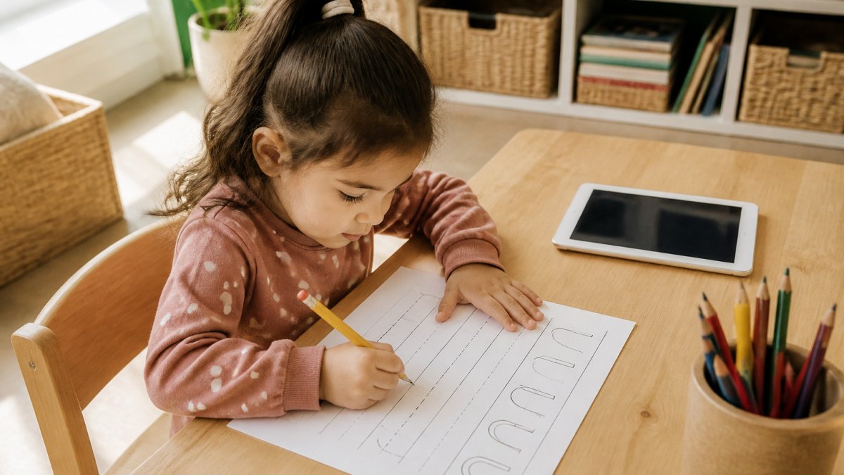 Comparison infographic showing physical letter tracing versus digital app practice for children
