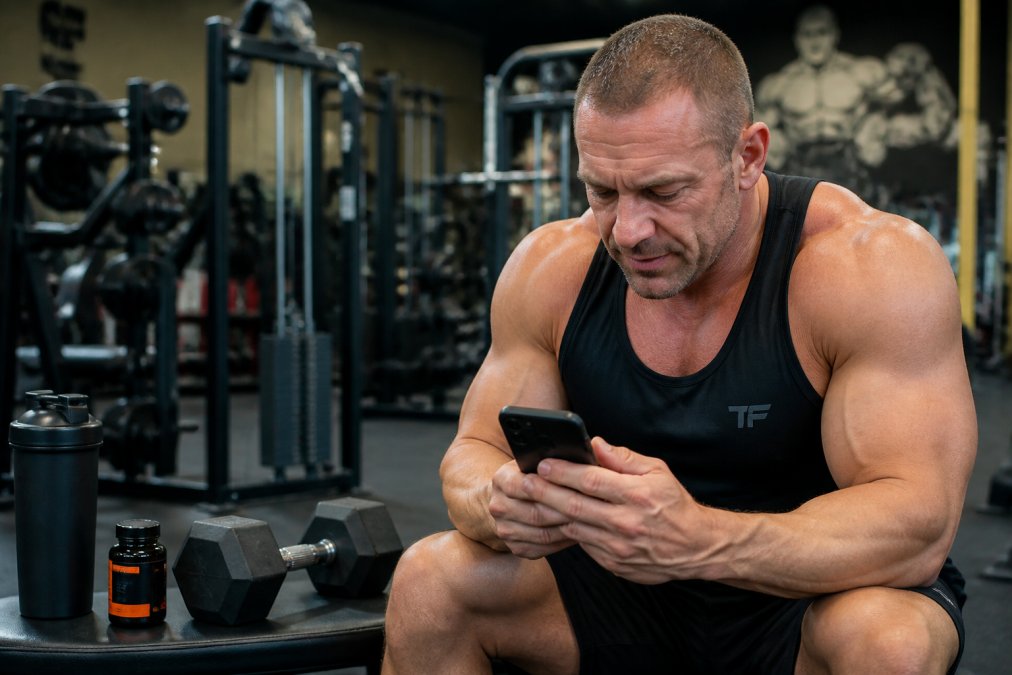 Athlete checking workout data on smartphone after completing a set in the gym, with dumbbells and water bottle visible nearby