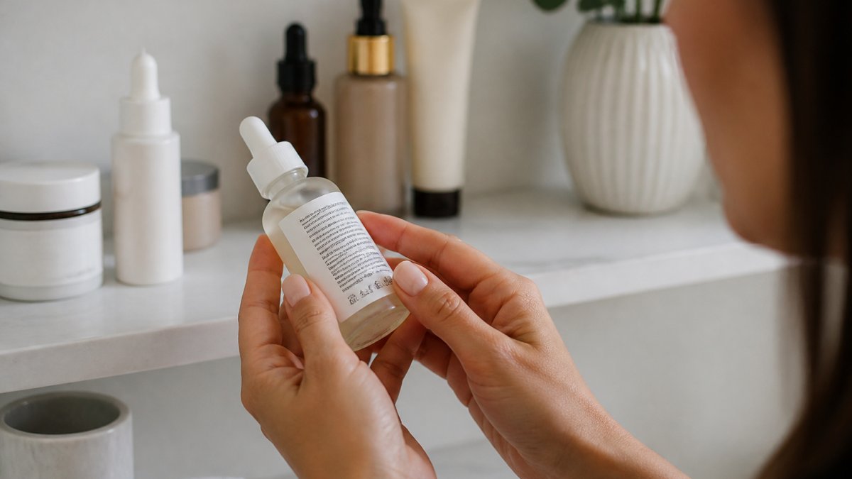 Hands holding a serum bottle to examine the ingredient label for transparent skincare in soft natural light