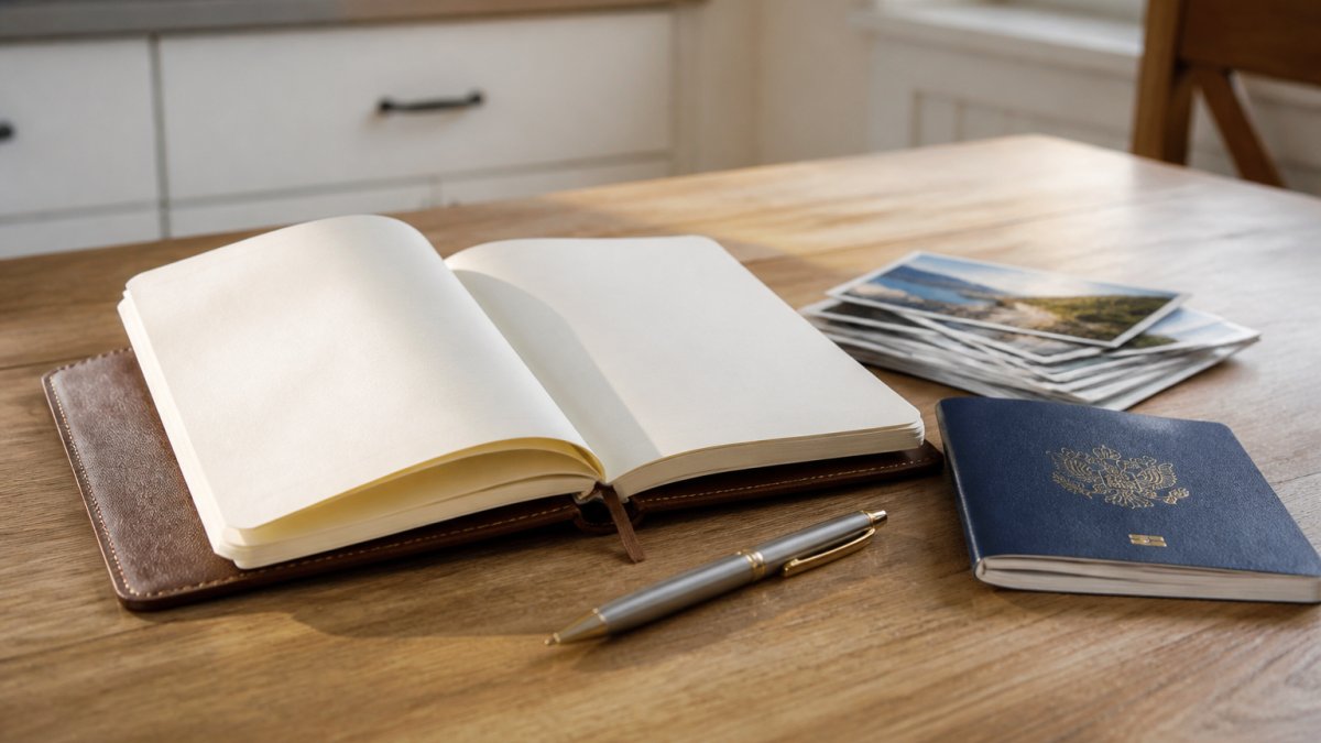 Close-up of a vegan leather journal open on a kitchen table beside a passport, a pen, and a stack of printed travel photos