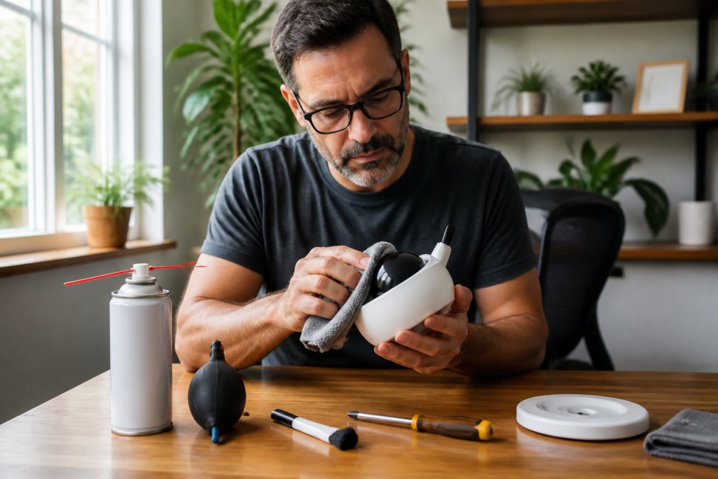 Person in home office carefully cleaning smart home device with soft cloth and compressed air, natural window lighting in background