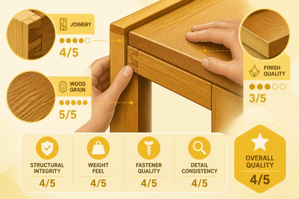 Close-up of hands examining wooden furniture joints, running fingers along dovetail joinery and wood grain, with natural light highlighting finish details and structural construction