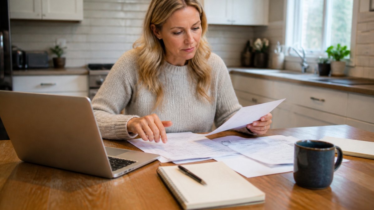 A person at a kitchen table reviewing printed financial documents and a laptop, with a coffee mug and notepad nearby, looking focused