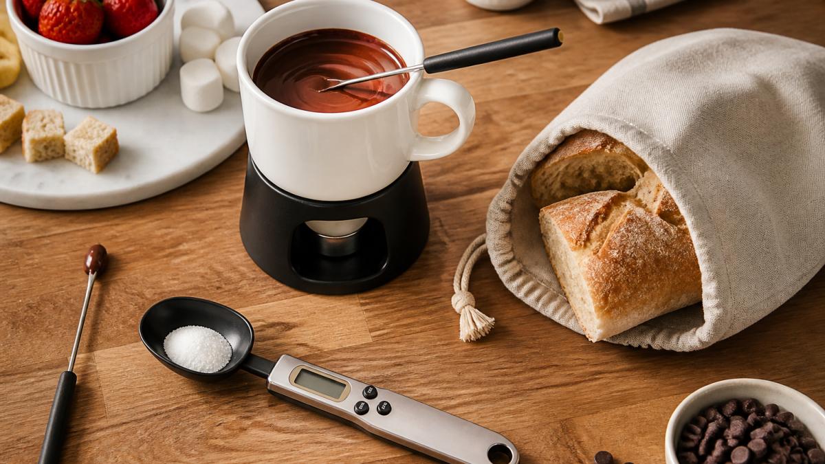 A fondue mug, digital measuring spoon, and linen bread bag arranged on a warm wooden kitchen counter