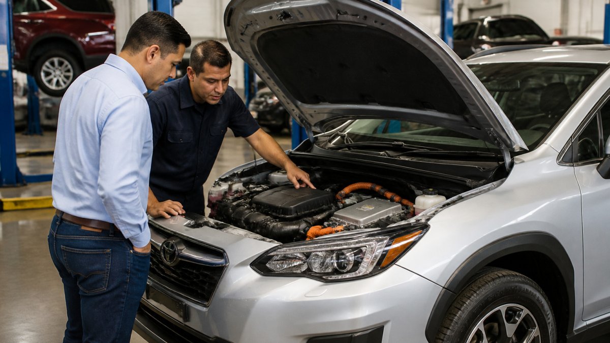 Technician and buyer inspecting the engine of a silver used hybrid SUV in a service bay
