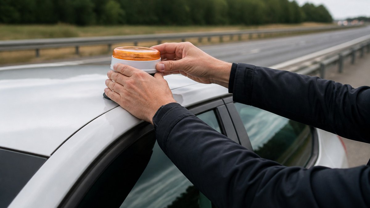 Are V-16 Beacons Mandatory for Rental Cars in Spain? Driver placing a V-16 beacon on the roof of a car parked at the roadside near a motorway barrier