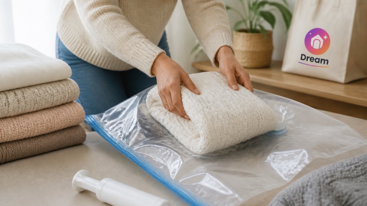 Hands carefully folding clean winter clothes and placing them into an open vacuum storage bag, with a hand pump visible on a nearby surface
