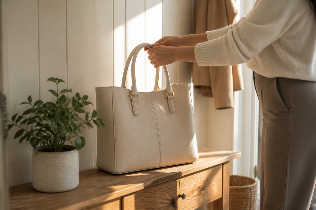 A woman's hands lifting a structured cream vegan leather tote from a wooden hallway bench, morning light falling across the stitching and gold hardware