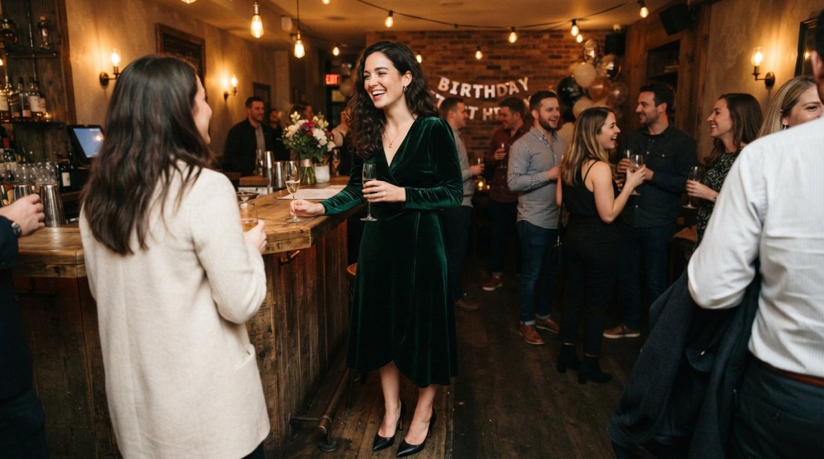 Woman wearing a rich jewel-toned velvet dress at an upscale evening event, styled with minimal jewelry and sleek heels, standing in warm ambient lighting