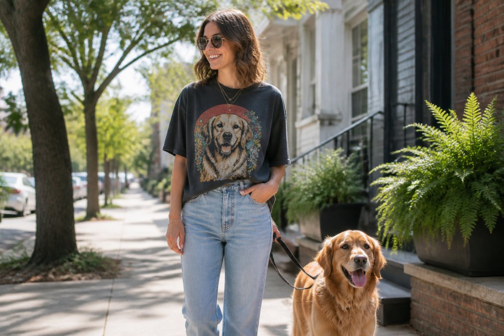 Woman in a vintage-style graphic tee and high-waisted jeans walking a golden retriever on a sunny day