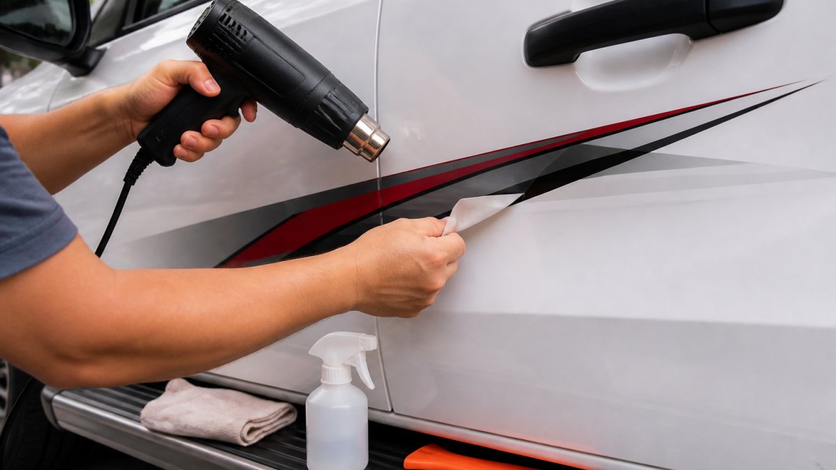 Close-up of a person's hands holding a hair dryer over a vinyl decal on a truck door, peeling a lifted corner back slowly with a plastic scraper resting nearby