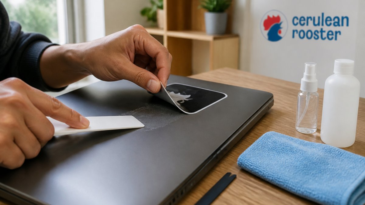 Hands using a plastic scraper to carefully peel a vinyl sticker from a laptop lid surface