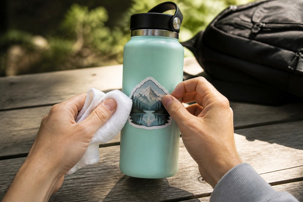 Close-up of hands carefully applying a vinyl sticker to a water bottle with a clean cloth, showing proper surface preparation technique and alignment in natural lighting