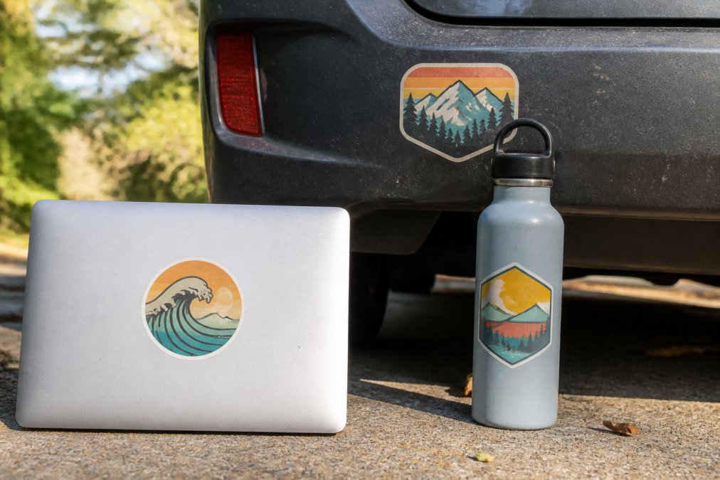 Outdoor scene showing weathered vinyl stickers on a laptop, water bottle, and car bumper in natural sunlight, demonstrating fade resistance and durability in real-world conditions