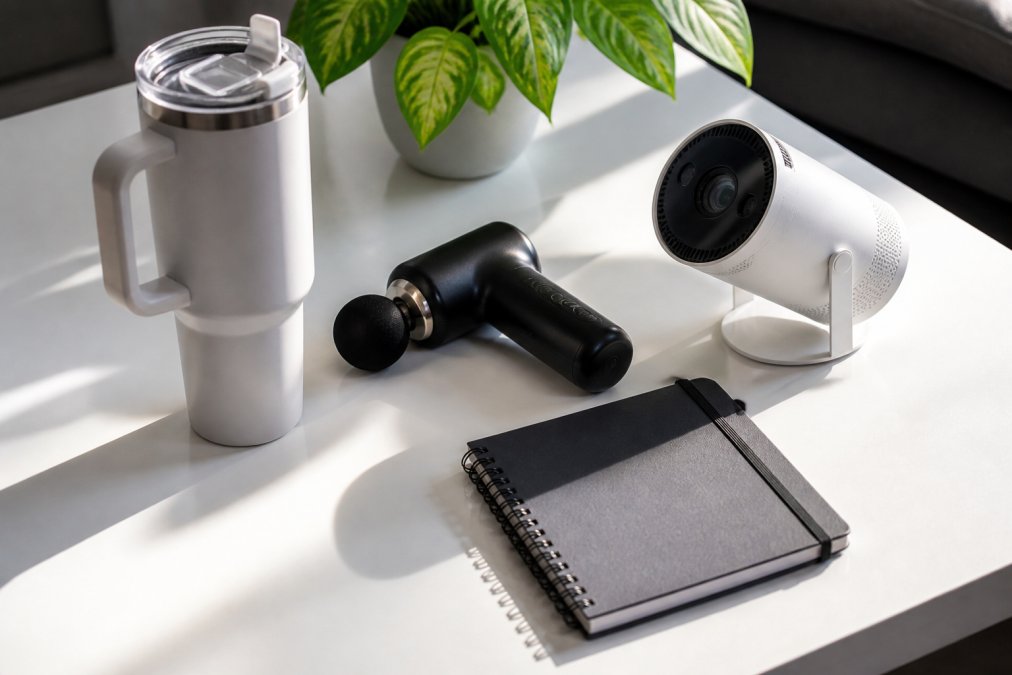 A flat lay of several modern gadgets arranged on a clean white desk in natural daylight: a large insulated tumbler, a compact massage gun, a reusable notebook, and a small cylindrical projector, neatly spaced to suggest a curated product review