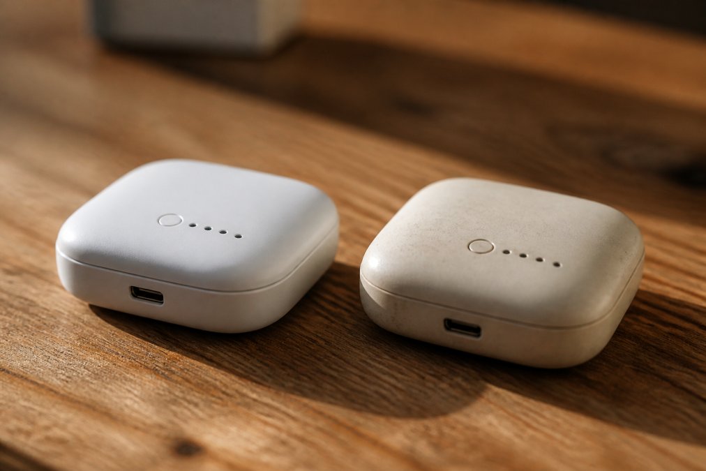 Two similar-looking small electronic devices placed side by side on a wooden surface in warm natural light, one with crisp branding and a clean finish, the other with slightly faded print and off-colour casing, suggesting a genuine product next to a counterfeit