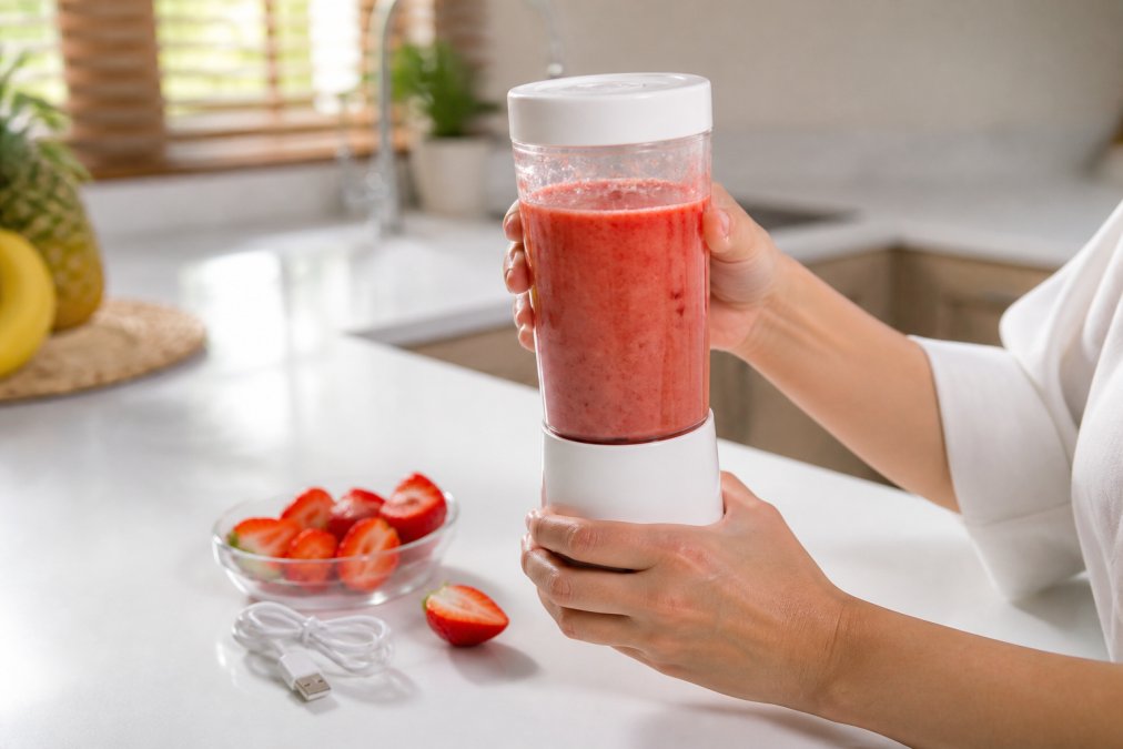 Hands holding a compact white portable blender with a fresh smoothie, a top choice among viral home gadgets.