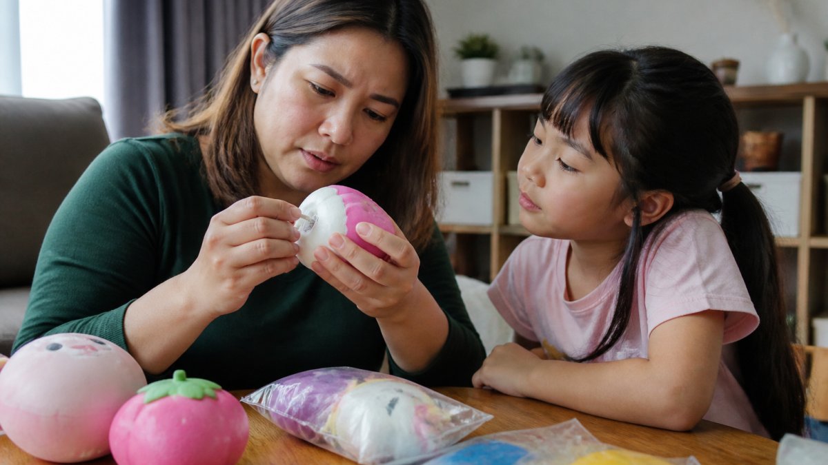 Parent inspecting the seams and safety labels of a squishy toy while a child watches nearby at home