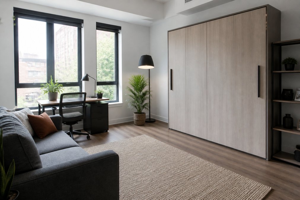 Compact studio apartment with wall bed cabinet closed and folded up, showing open floor space with a desk, comfortable seating, and natural light from windows