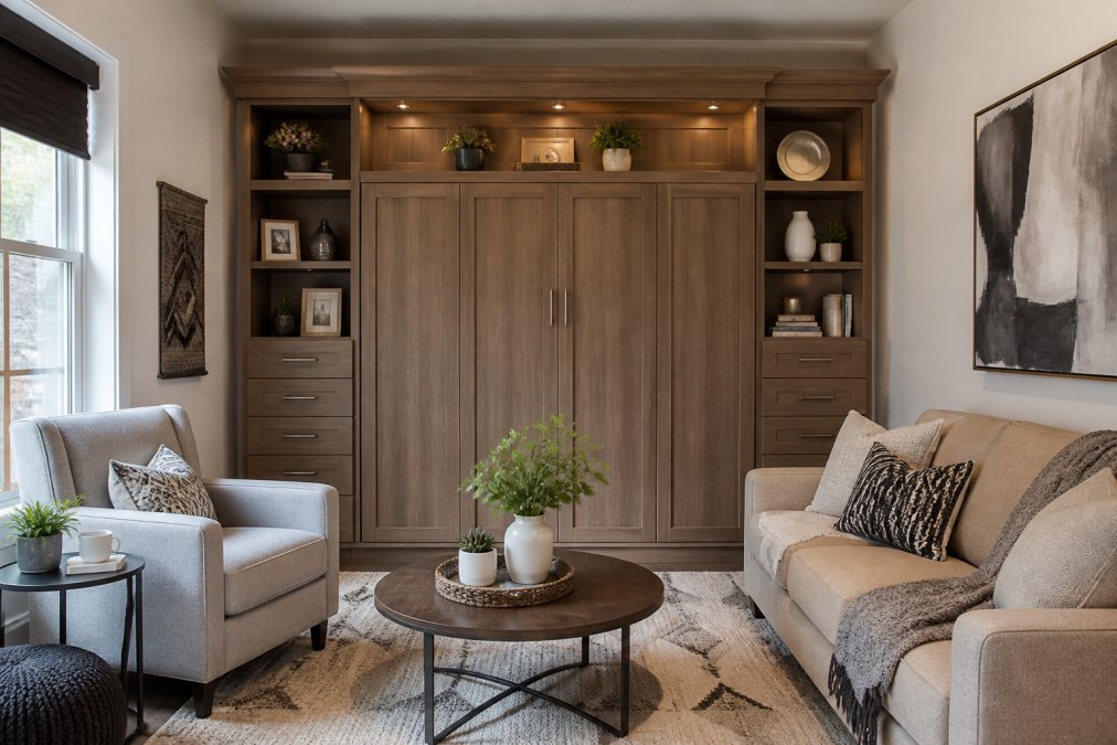 Modern living room with wall bed cabinet closed and styled as custom built-in cabinetry with warm wood finish, blending with surrounding décor, decorative items on top surface, and comfortable seating area visible