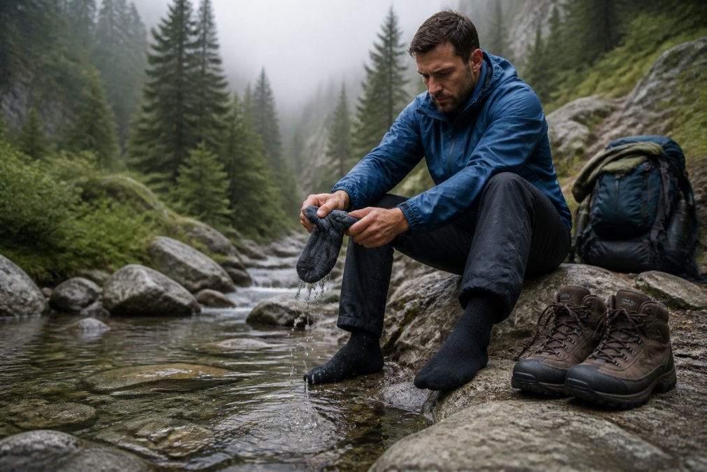 A hiker wringing out a waterproof sock beside a stream, with waterproof hiking shoes and a backpack on a misty trail.