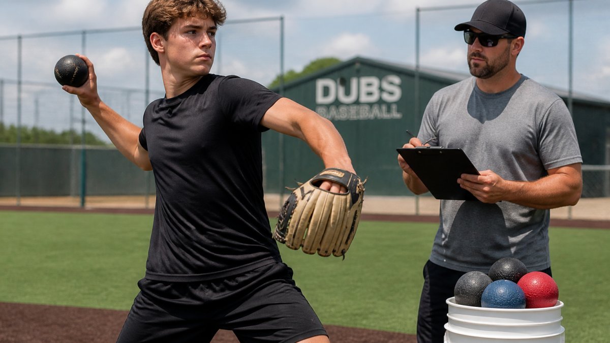 Baseball pitcher holding a weighted training ball while a coach tracks progress on a clipboard during practice