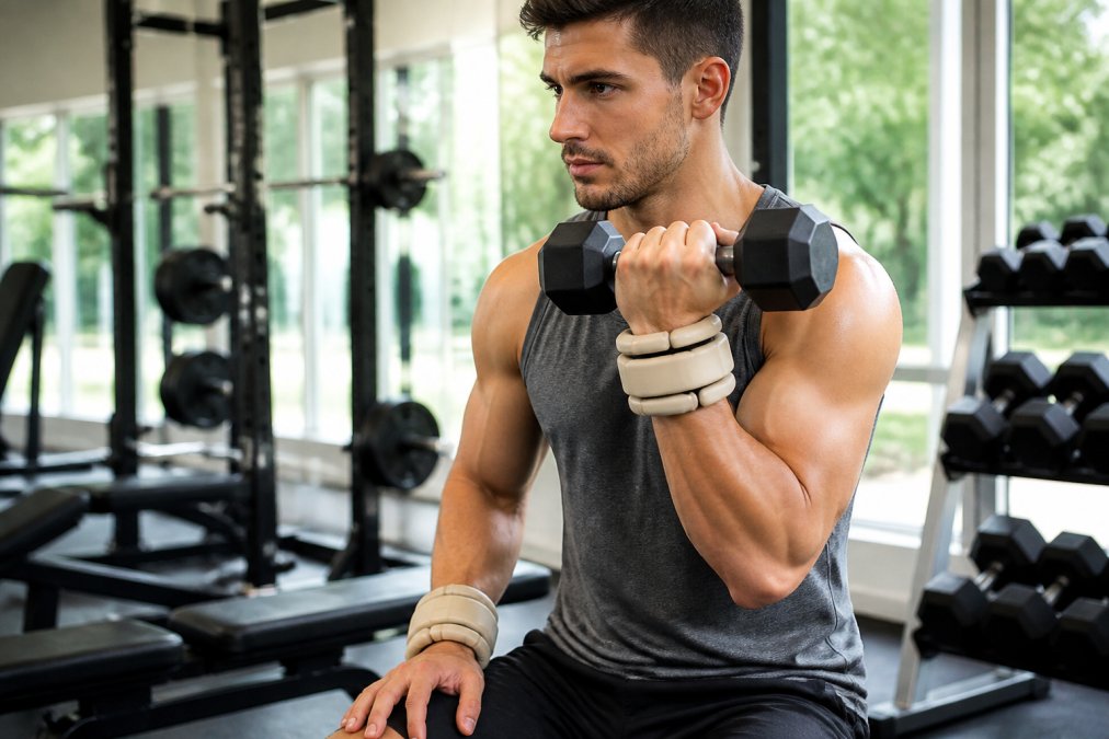 Person performing a controlled bicep curl with adjustable weighted wrist bands on both wrists, demonstrating proper 90-degree arm bend and neutral wrist position in a bright gym setting with natural lighting