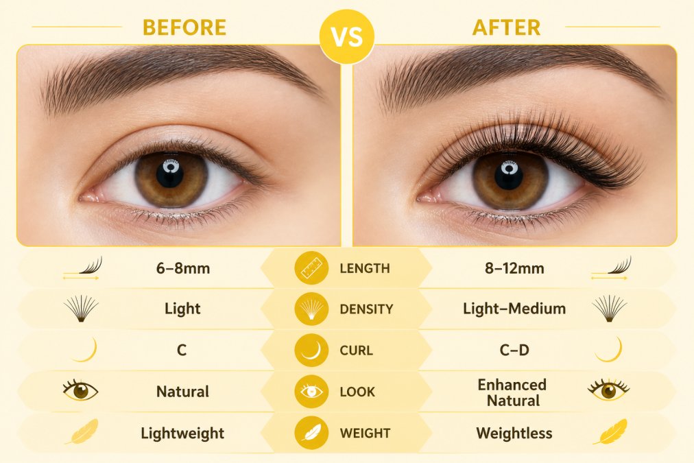 Side-by-side comparison of a client's before and after with natural-looking lash extensions applied, emphasizing subtle enhancement and eye shape customization in professional studio lighting