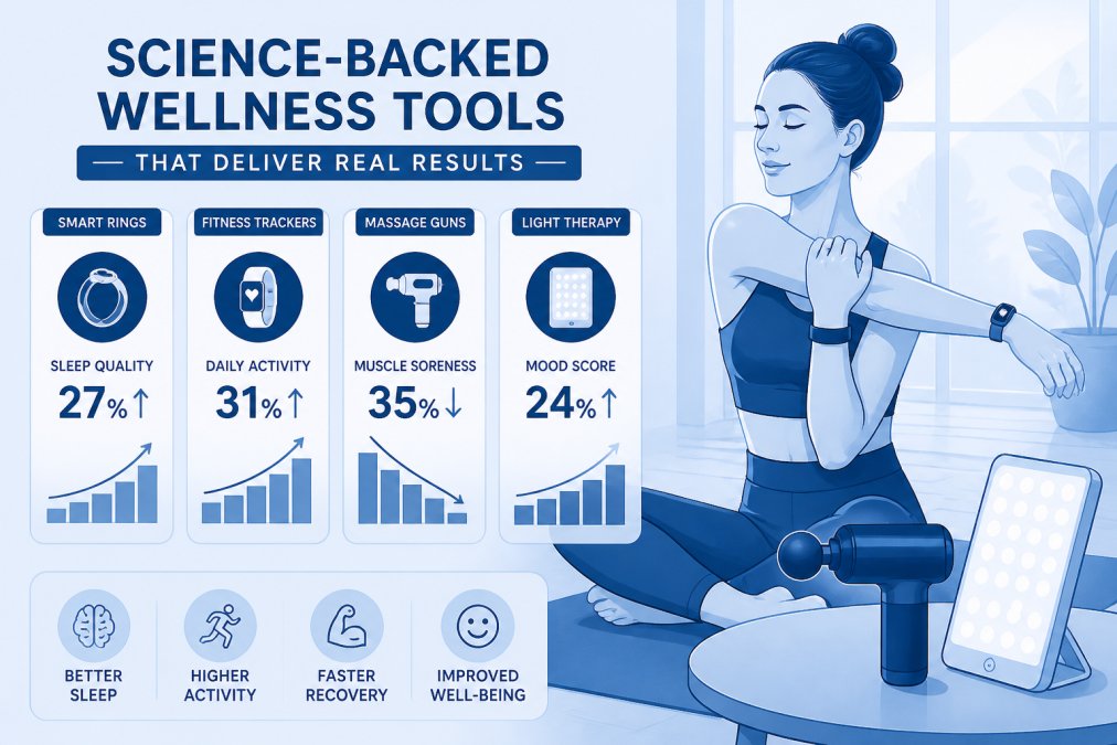 Woman wearing a smart ring and fitness tracker while stretching at home, with a massage gun and light therapy device visible on a nearby table, natural morning light through windows