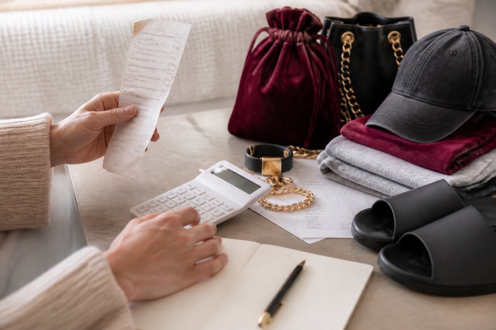 Close-up of hands holding a receipt and calculator next to various wellness products, representing cost tracking and budget planning