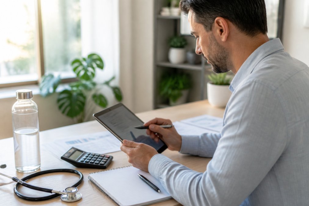 Professional reviewing financial charts and a stethoscope while evaluating wellness clinic memberships.