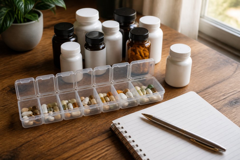 A weekly pill organizer filled with prescription medication capsules alongside supplement bottles on a warm wooden table, a notepad and pen resting nearby as though someone is reviewing their daily health routine, soft natural window light