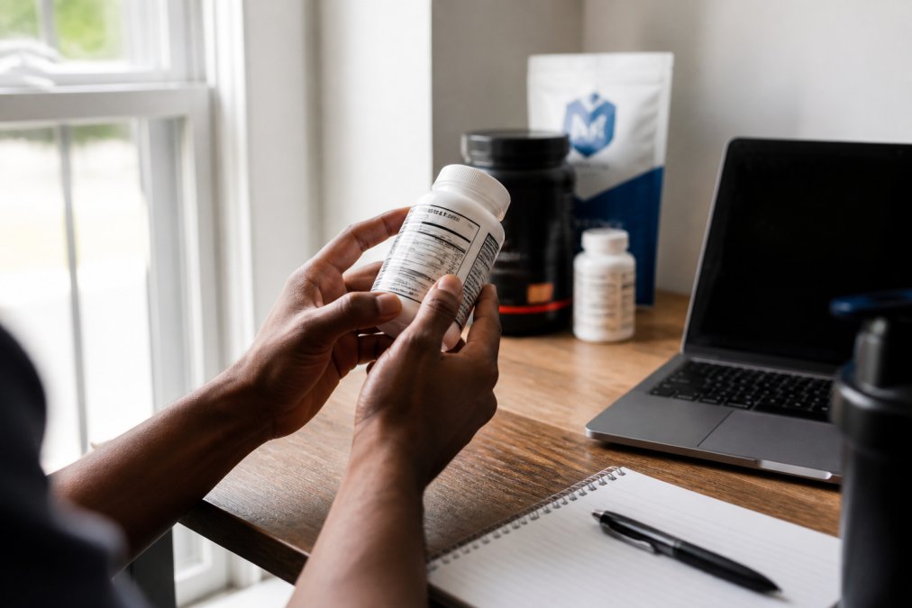 Close-up of a person's hands holding a white supplement bottle up toward a window with bright natural light, examining the label carefully, with a laptop open on a wooden desk in the background