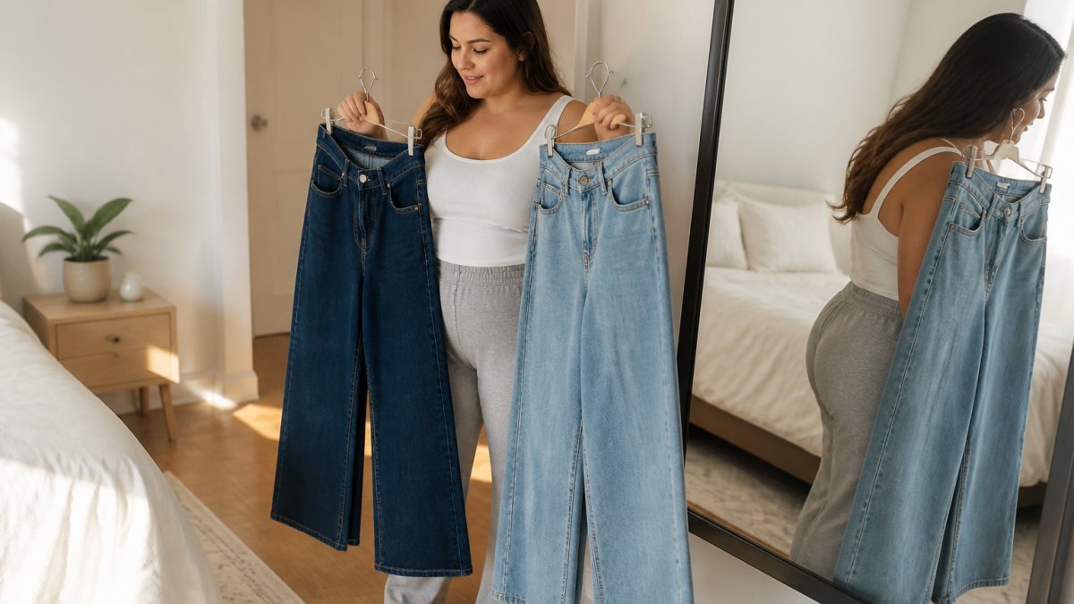 A plus-size woman standing in a bright bedroom in front of a full-length mirror, holding two pairs of wide-leg jeans on hangers and comparing them side by side, soft morning light through the window