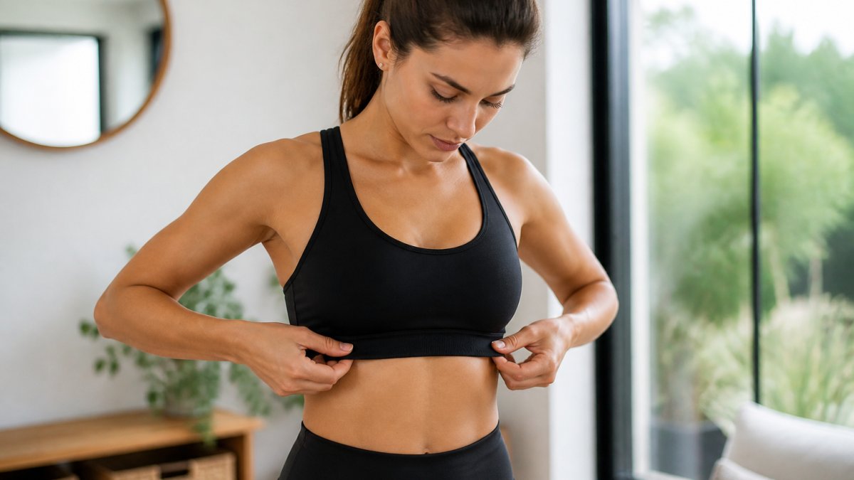 A woman in athletic wear adjusting the band of a wire-free sports bra in a bright home setting, checking the fit under the ribcage before a run