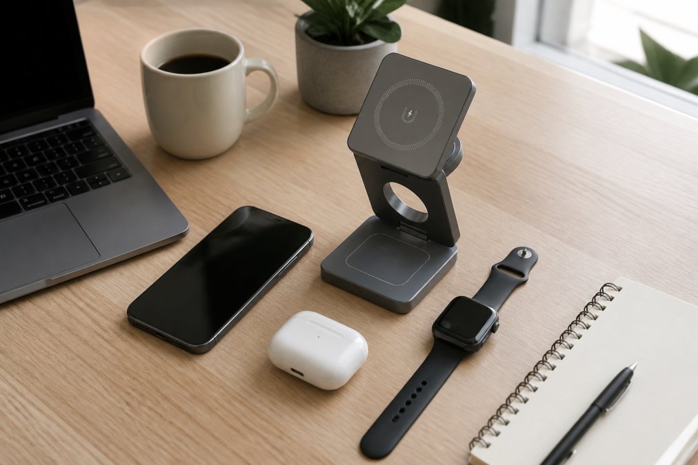 Overhead shot of a home office desk with a wireless charging stand, smartphone, earbuds, and smartwatch arranged neatly with minimal visible cables, natural window lighting illuminating the setup