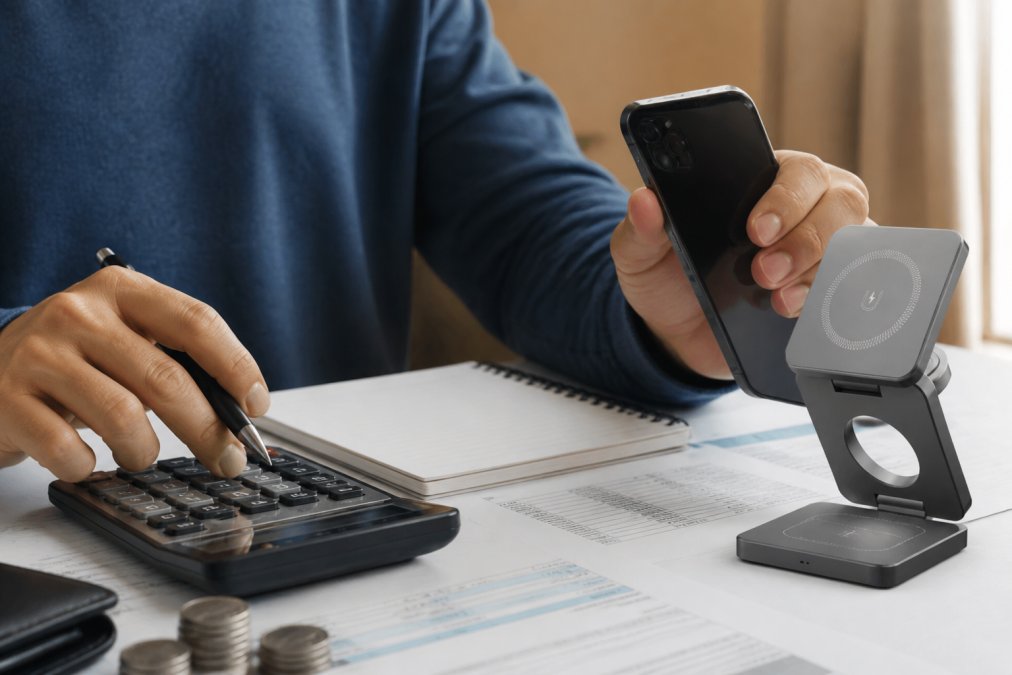 Close-up of hands placing a smartphone on a wireless charging pad with a glowing charging indicator visible on the phone screen, warm desk lighting in background