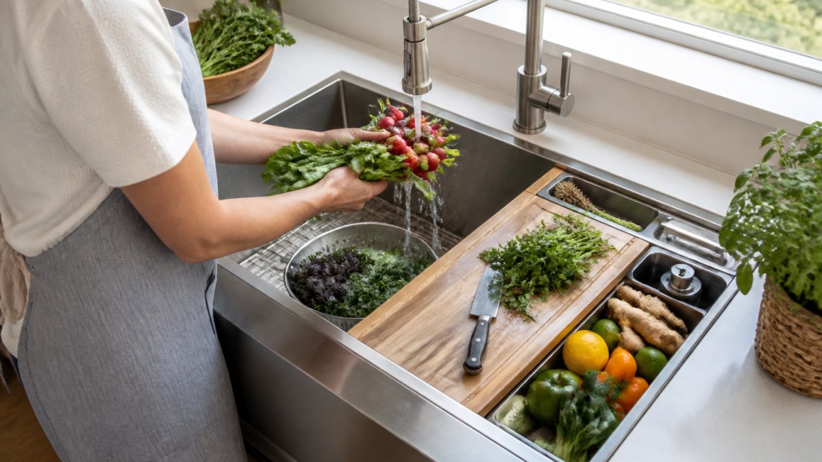 Home chef rinsing fresh vegetables and herbs over a stainless steel workstation sink with organized produce, colander, and cutting board positioned on the ledge in a bright, modern kitchen with natural light