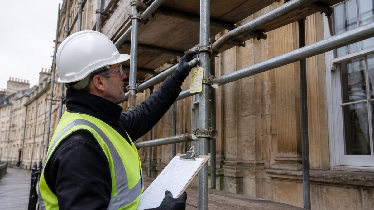 A scaffolding inspector in high-visibility clothing and a hard hat examining a scaffold tag and checking joints on a multi-level scaffold attached to a period stone building, clipboard in hand, overcast daylight