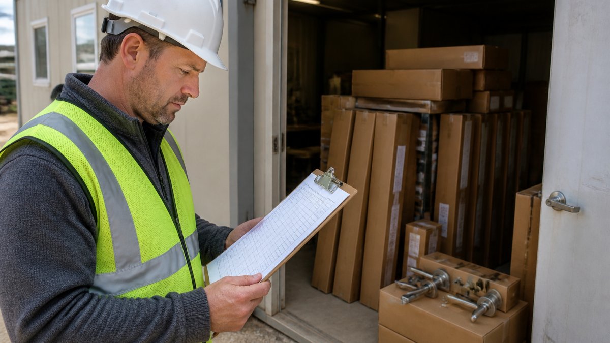 A construction project manager at a job site trailer reviewing a printed delivery schedule on a clipboard, with stacked door boxes and hardware cartons visible through the open door behind him