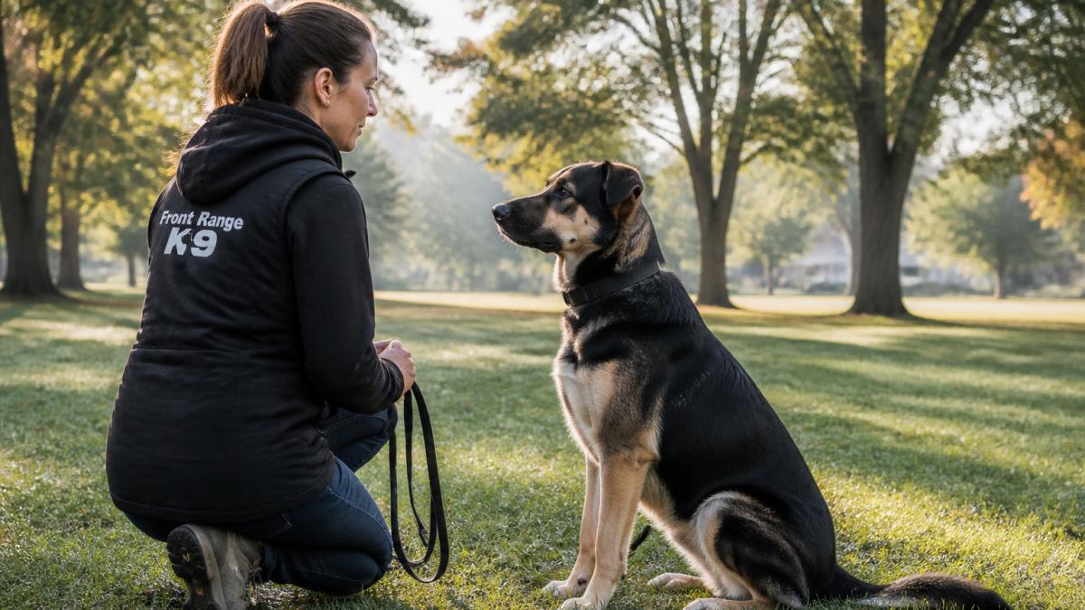 A dog owner practicing a sit and stay with an adult dog in a quiet neighborhood park, calm body language, leash hanging loose, soft morning light through trees
