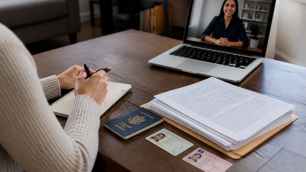 A person sitting at a table with a passport, driver's licence, and a stack of documents, checking a checklist on a tablet, with a laptop showing a video call interface in the background