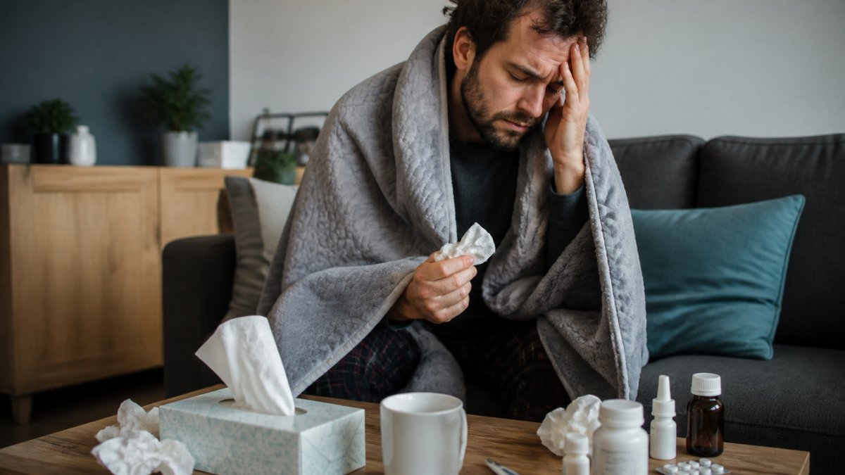 A tired adult sitting on a couch with a tissue box nearby, looking worn down, with a thermometer on the table