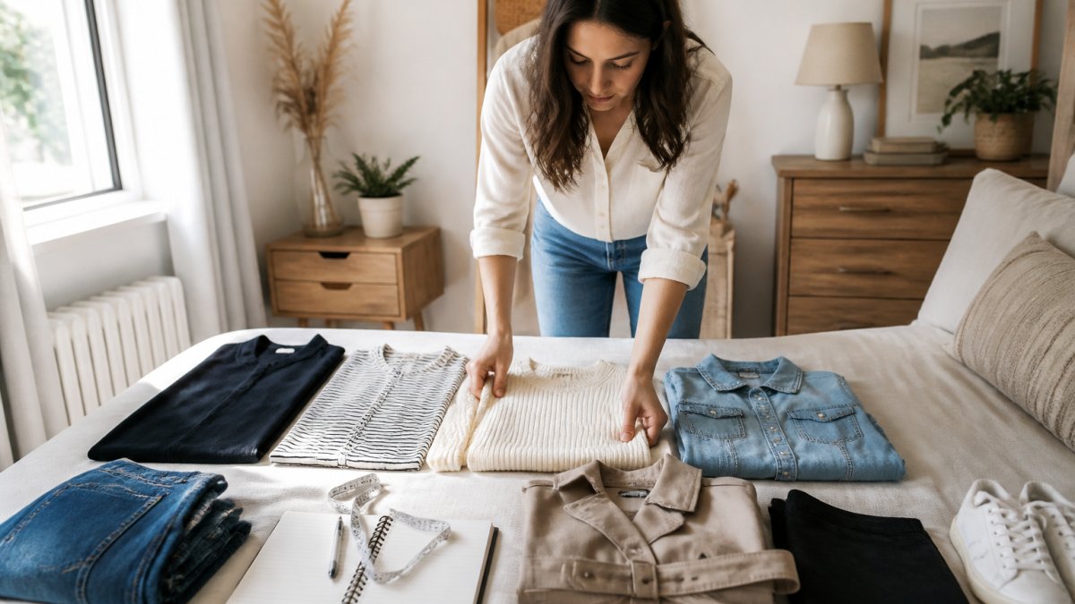 A woman in a bright bedroom laying out a small curated selection of versatile clothing pieces on a bed, with a notebook and measuring tape nearby, natural light