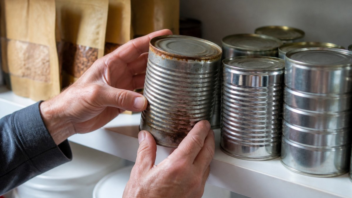 Infographic showing how to check emergency food storage for rust, mold, and damaged packaging seals.