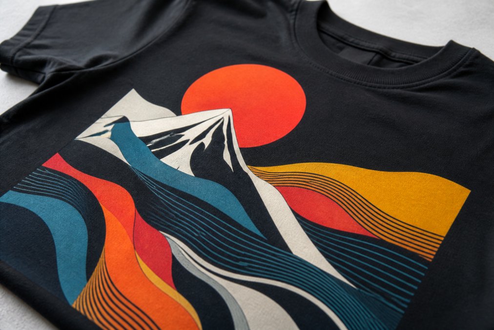 Close-up of a premium graphic tee showing vibrant, crisp print details with sharp color registration and soft ring-spun cotton texture visible in the weave, laid flat on a clean neutral surface with natural window lighting